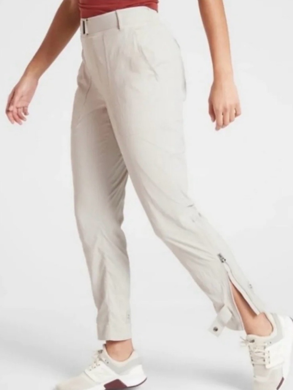 Athleta Trekkie Belted Light Beige Straight-Leg Ankle Zip Hike Pants Size 8